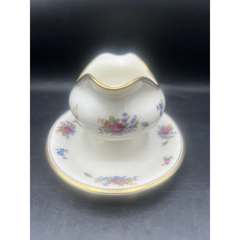Vintage Lamberton Rose of Lamberton Gravy Boat Underplate Gold Trim Floral China
